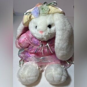 Vintage 1993 Plush Creations Tall White Bunny With Hat And Pink Floral Dress